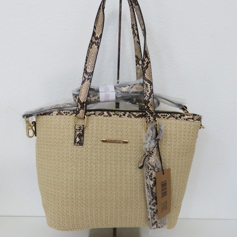 Steve Madden Straw Woven Tote with Snake Trim